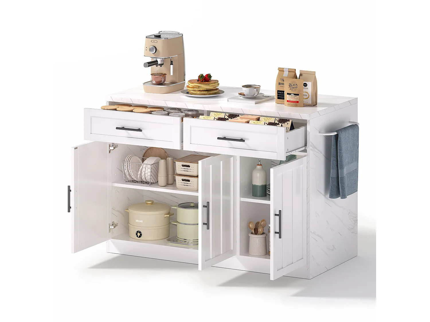 Îlot central de cuisine avec 3 portes ,2 tiroir et USB - Effet marbre blanc