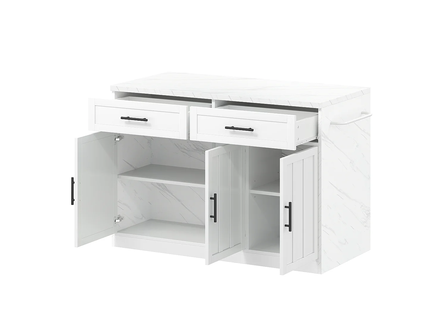 Îlot central de cuisine avec 3 portes ,2 tiroir et USB - Effet marbre blanc