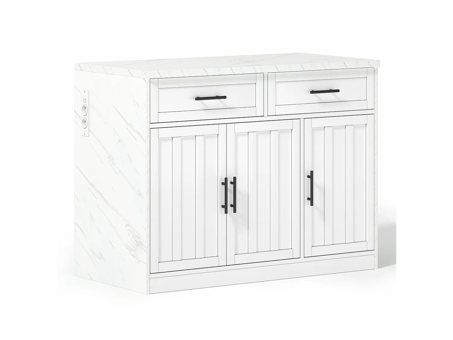 Îlot central de cuisine avec 3 portes ,2 tiroir et USB - Effet marbre blanc