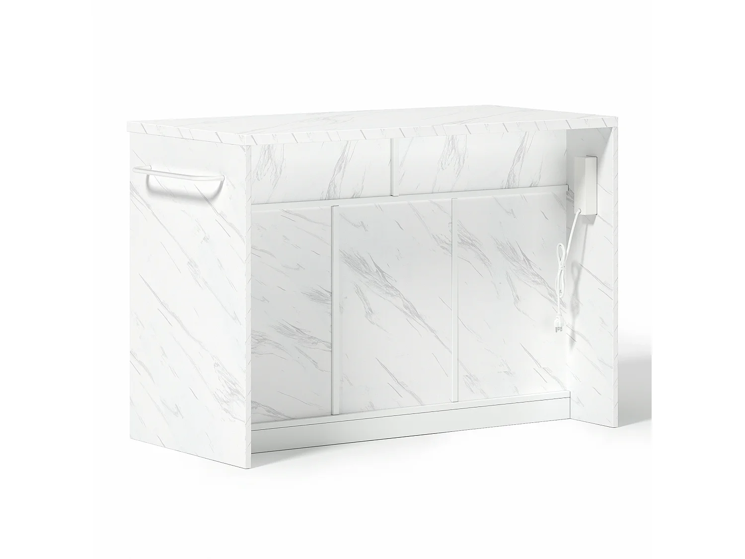 Îlot central de cuisine avec 3 portes ,2 tiroir et USB - Effet marbre blanc