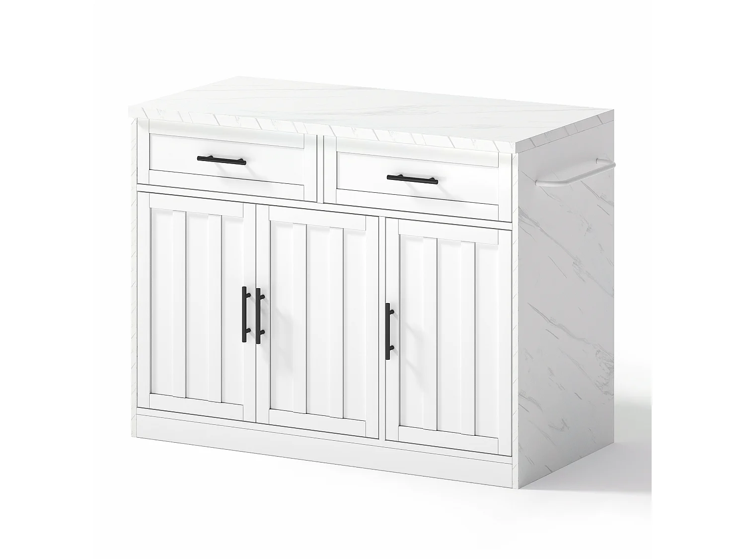 Îlot central de cuisine avec 3 portes ,2 tiroir et USB - Effet marbre blanc