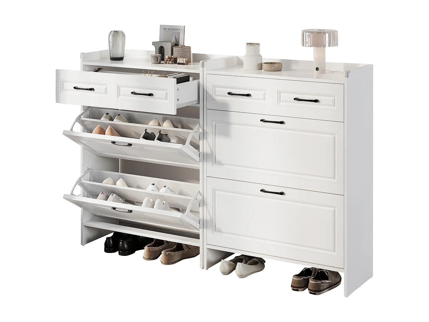 Set di 2 scarpiere - 2 ante a ribalta e cassetto - MDF bianco