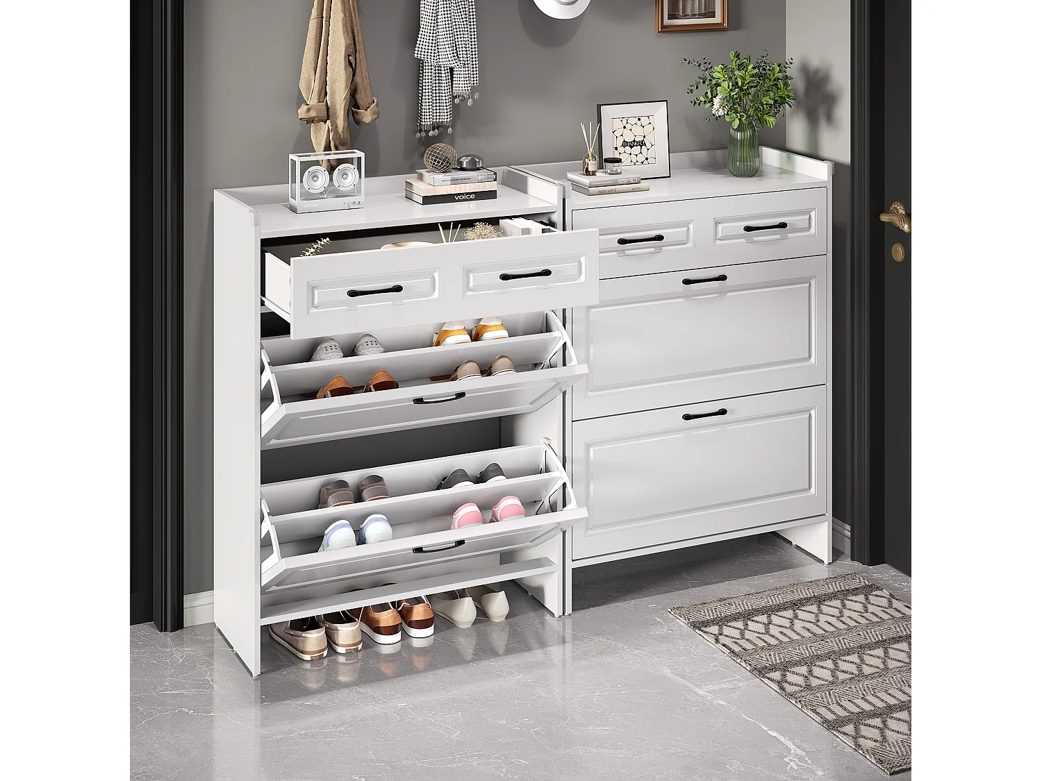 Lot de 2 meuble à chaussures - 2 portes abattantes et tiroir - MDF blanc