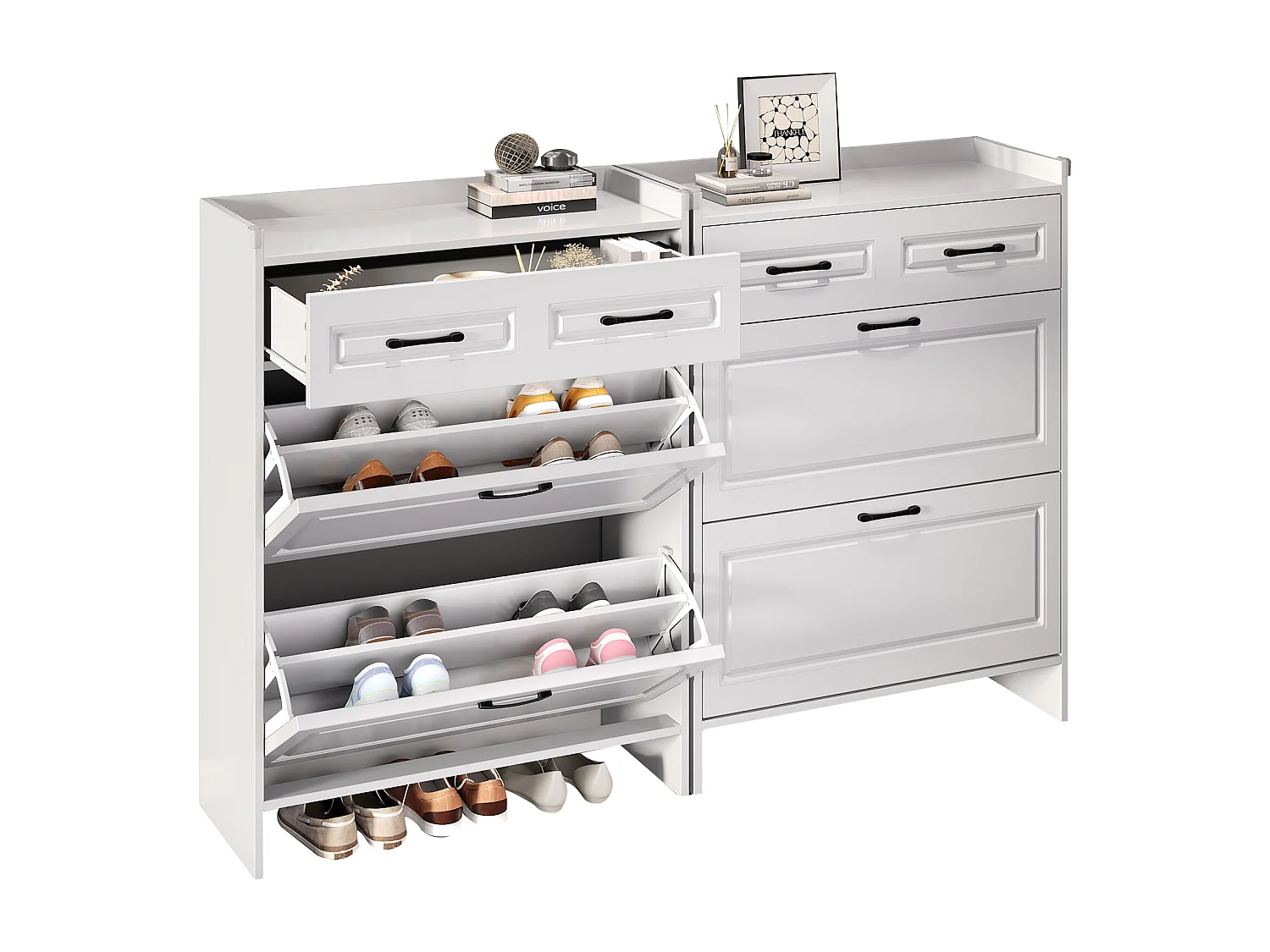 Lot de 2 meuble à chaussures - 2 portes abattantes et tiroir - MDF blanc