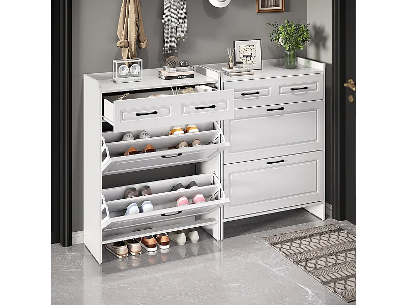 Lot de 2 meuble à chaussures - 2 portes abattantes et tiroir - MDF blanc