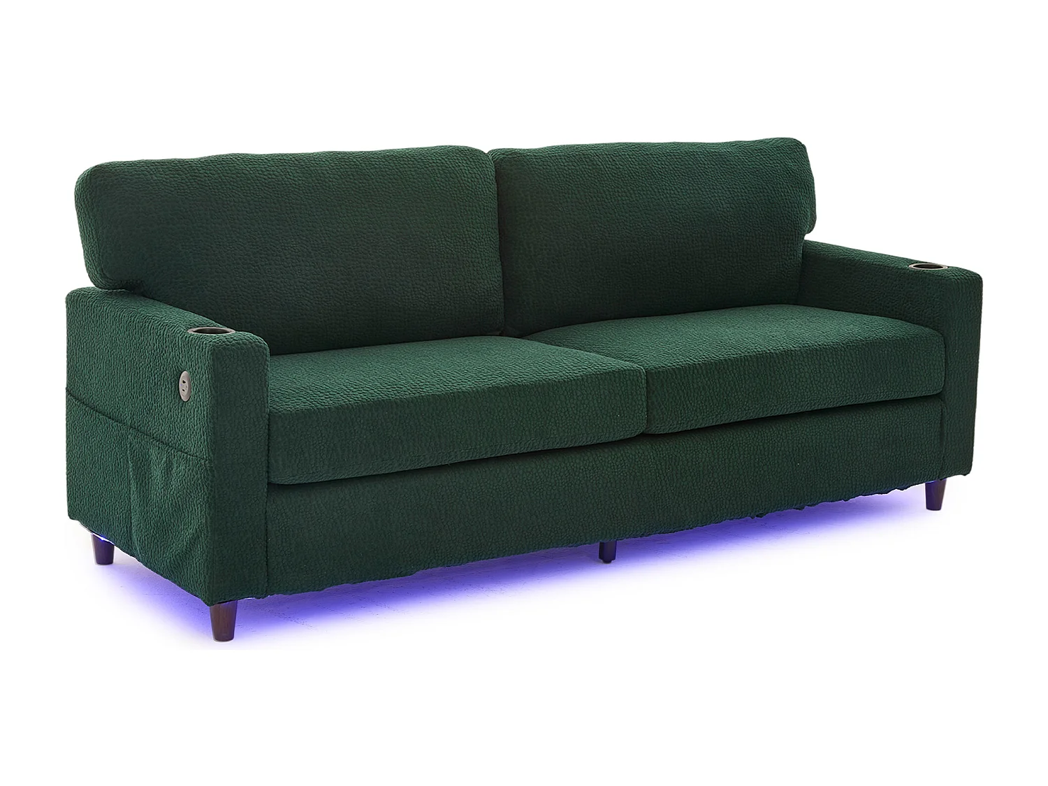 Canapé 2 places avec port USB-C, LED et poches latérales - Tissu chenille - Vert émeraude