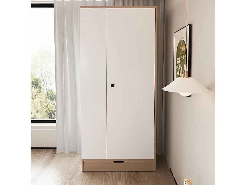 Armadio con cassetto, anta e 3 ripiani - Bianco e legno 70 x 40 x 170 cm