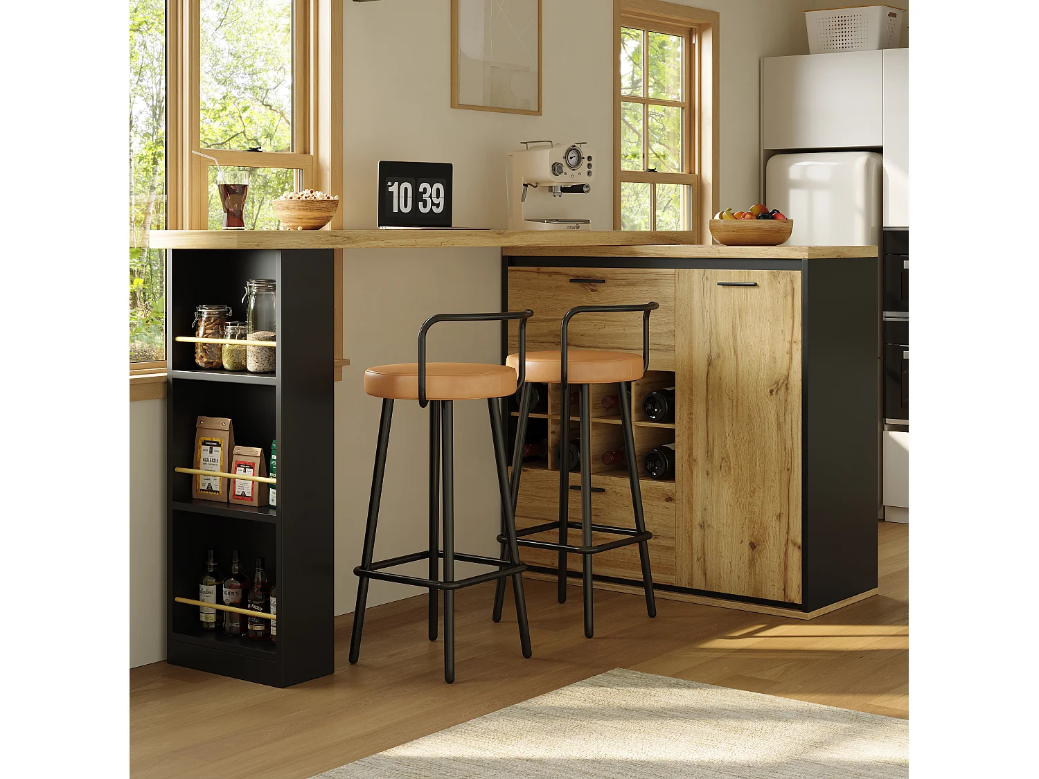 Bar giratório com 2 gavetas, 1 porta e garrafeira - Natural