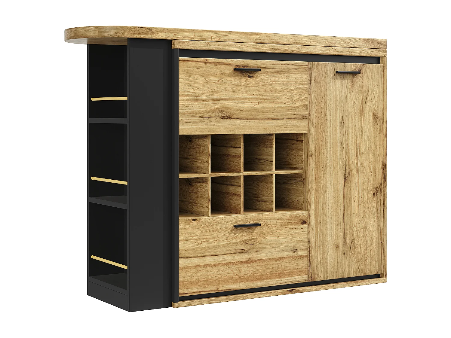 Bar giratório com 2 gavetas, 1 porta e garrafeira - Natural