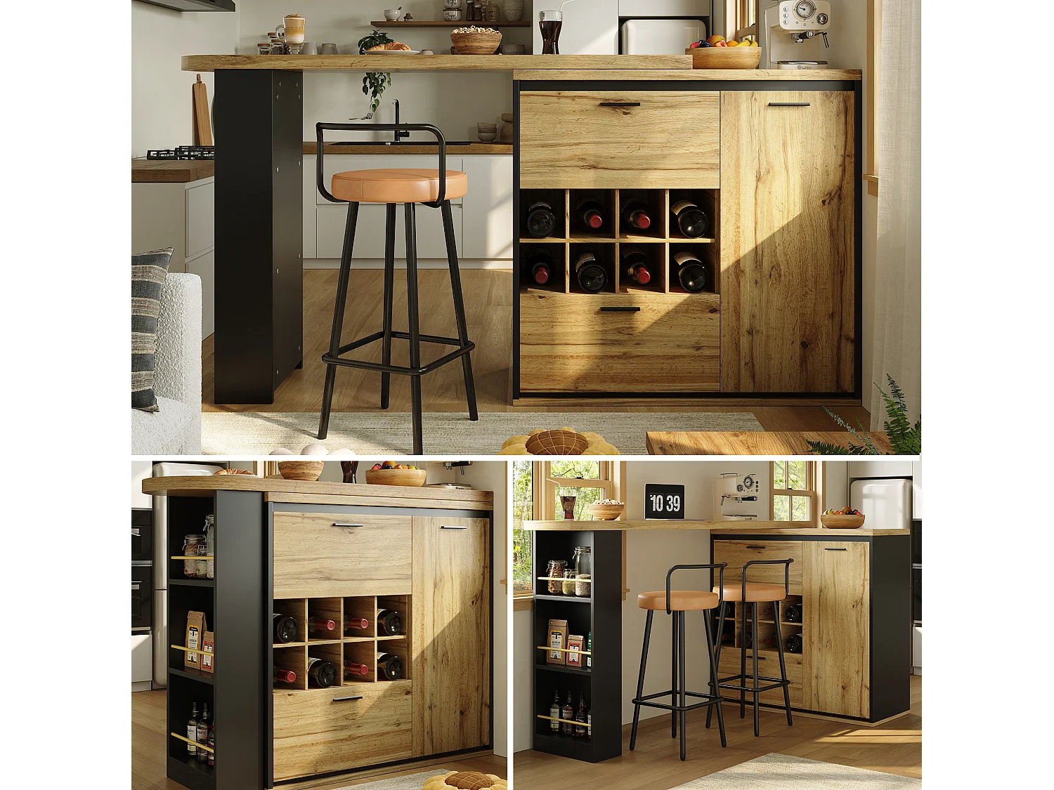 Meuble de bar pivotant avec 2 tiroirs ,1 porte et casier à vin - Naturel