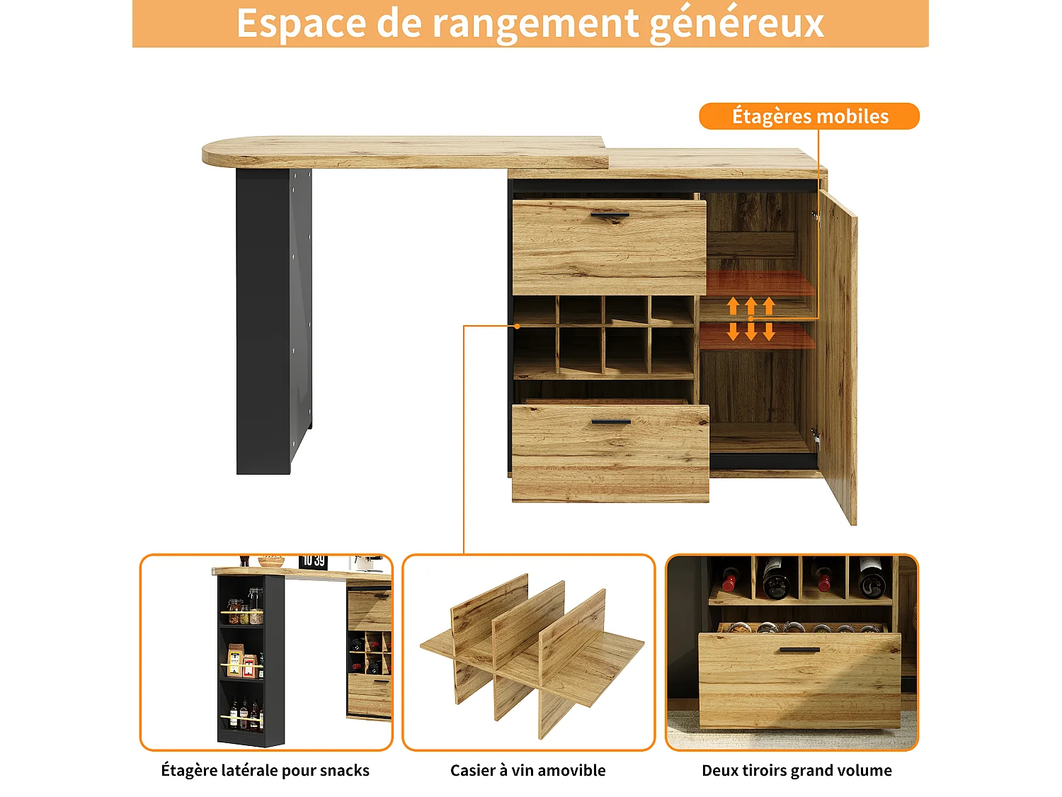 Meuble de bar pivotant avec 2 tiroirs ,1 porte et casier à vin - Naturel