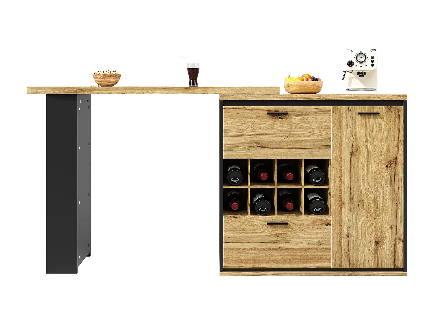 Meuble de bar pivotant avec 2 tiroirs ,1 porte et casier à vin - Naturel