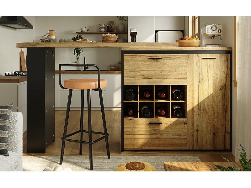 Meuble de bar pivotant avec 2 tiroirs ,1 porte et casier à vin - Naturel