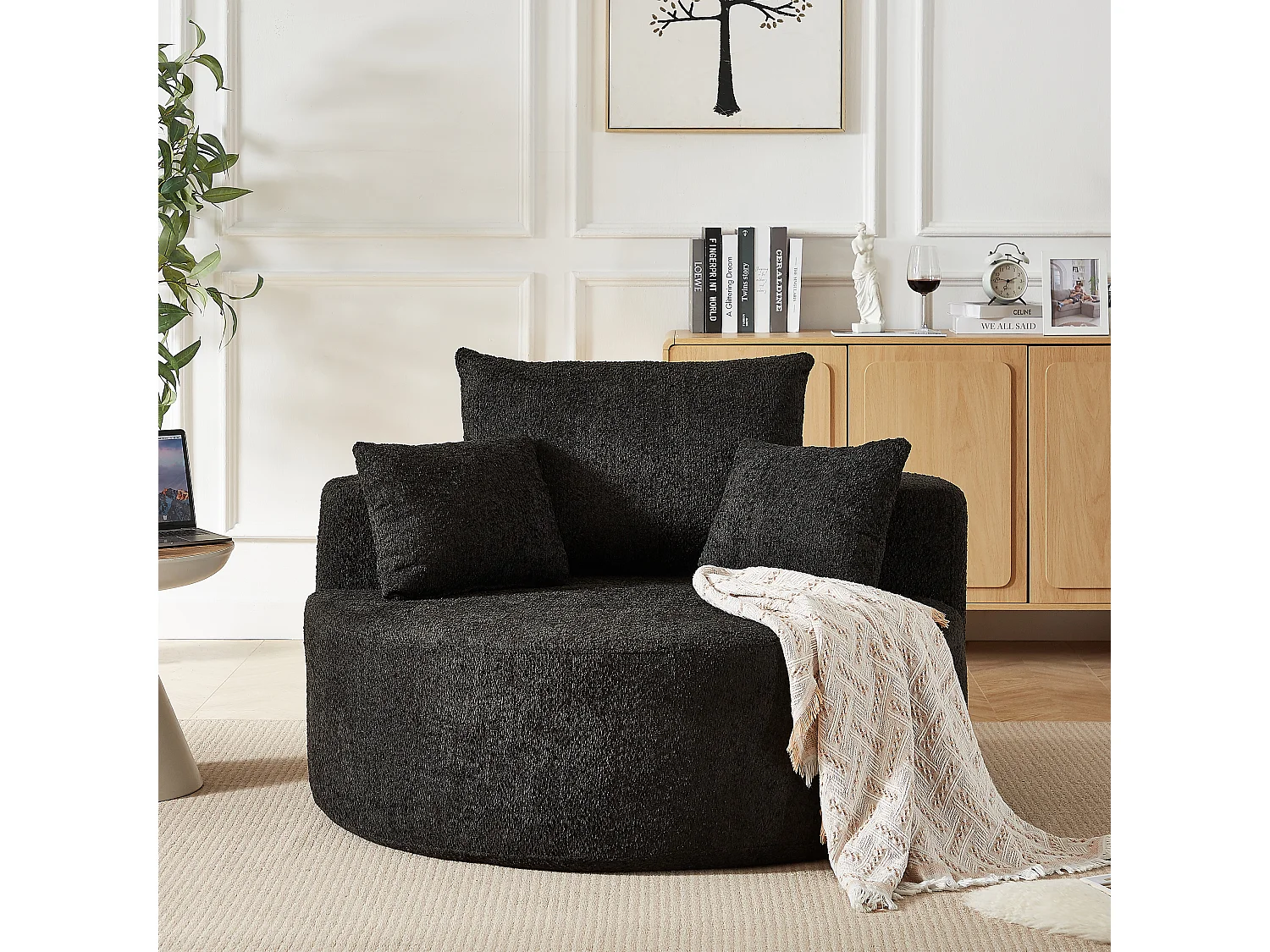 Fauteuil met lendensteun en hoofdsteun, zwarte chenillestof