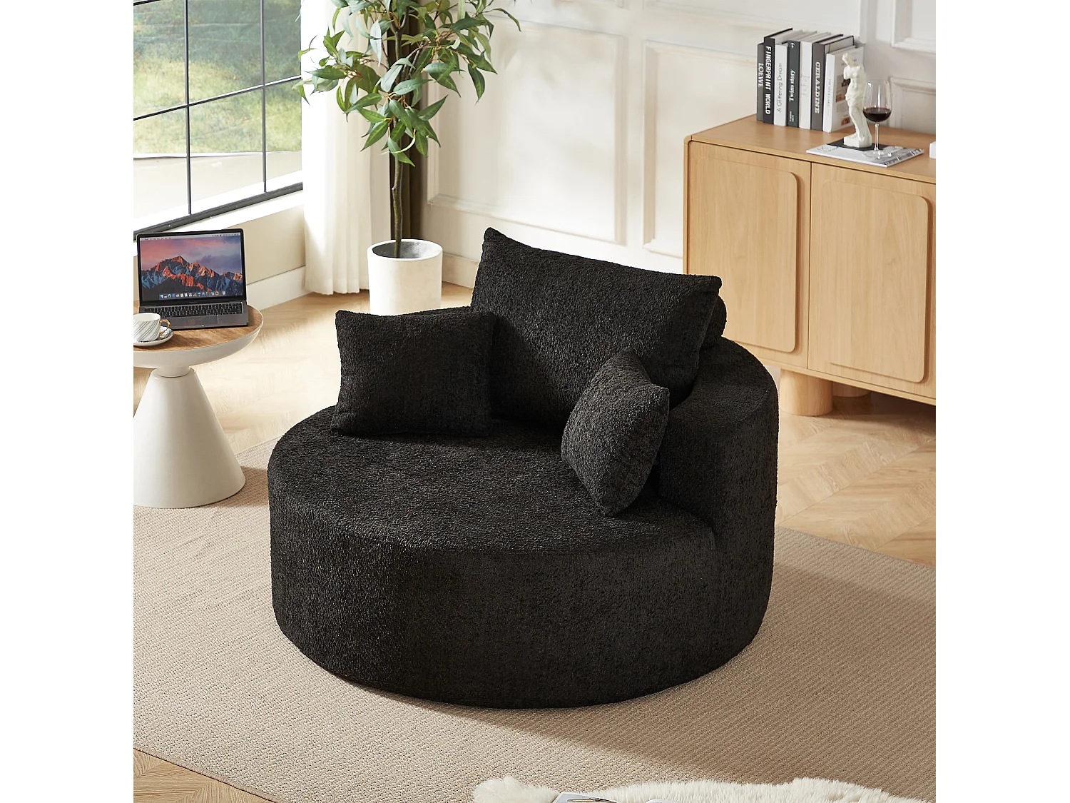 Fauteuil met lendensteun en hoofdsteun, zwarte chenillestof