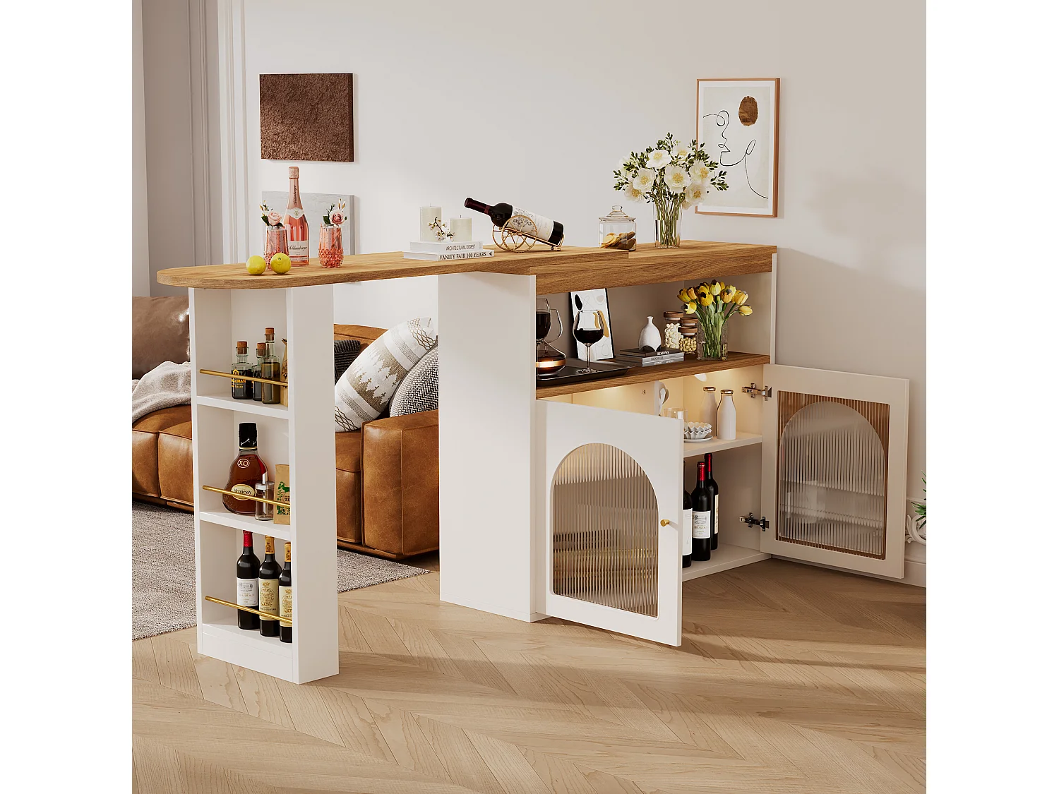 Meuble de bar pivotant avec LED et 2 portes vitrées - blanc et naturel