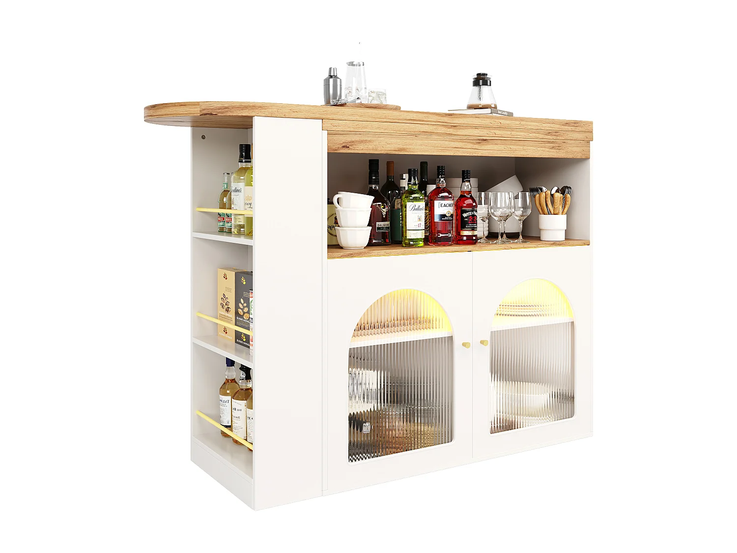 Meuble de bar pivotant avec LED et 2 portes vitrées - blanc et naturel
