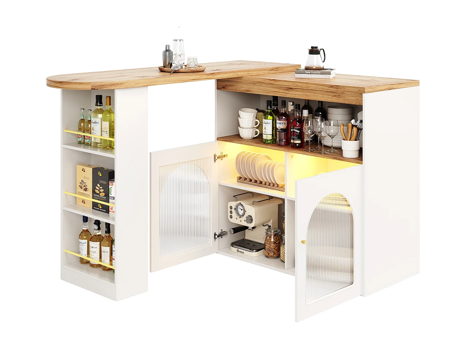 Meuble de bar pivotant avec LED et 2 portes vitrées - blanc et naturel