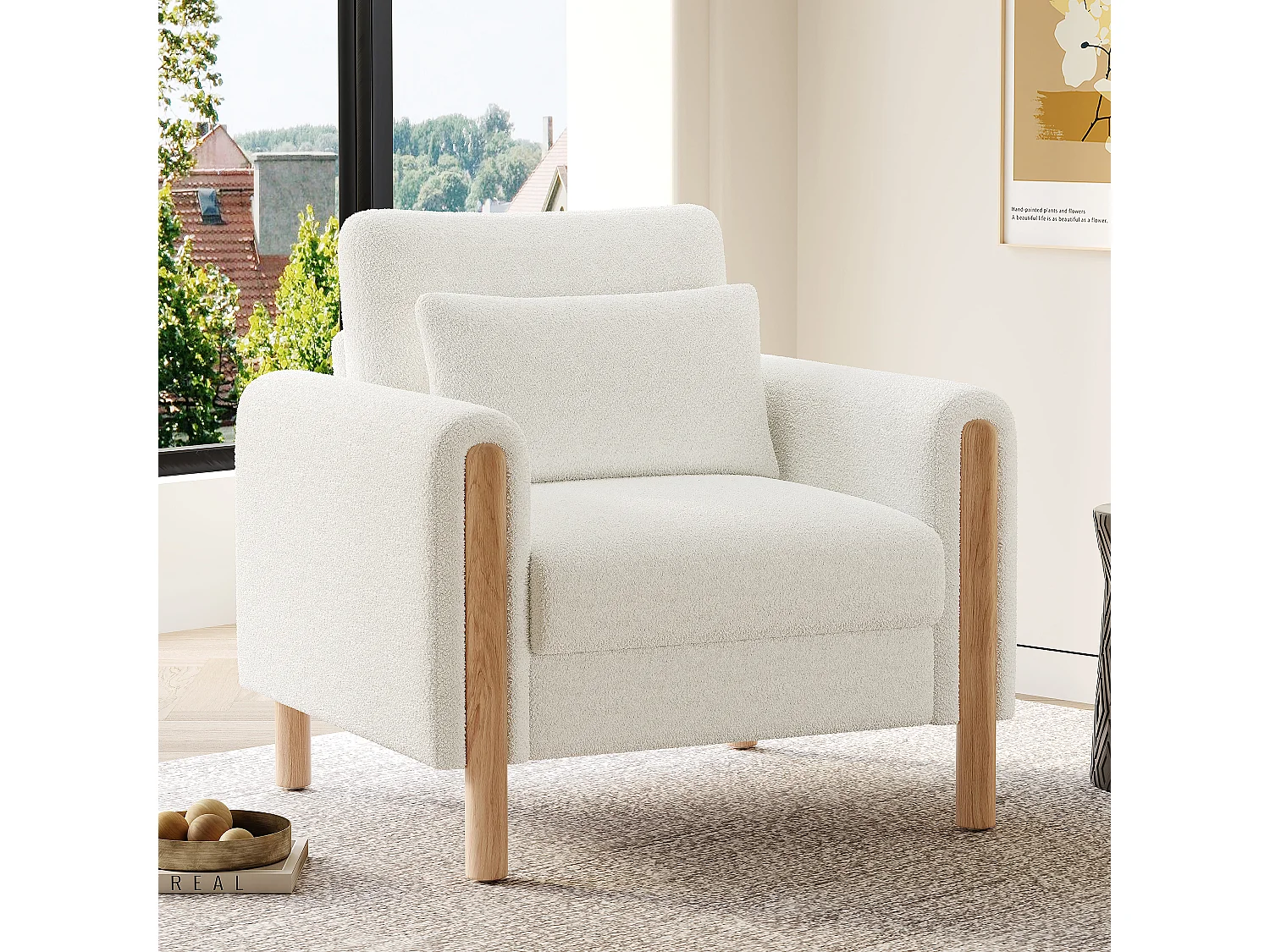 Fauteuil avec soutien lombaire, structure en bois, tissu Teddy, blanc