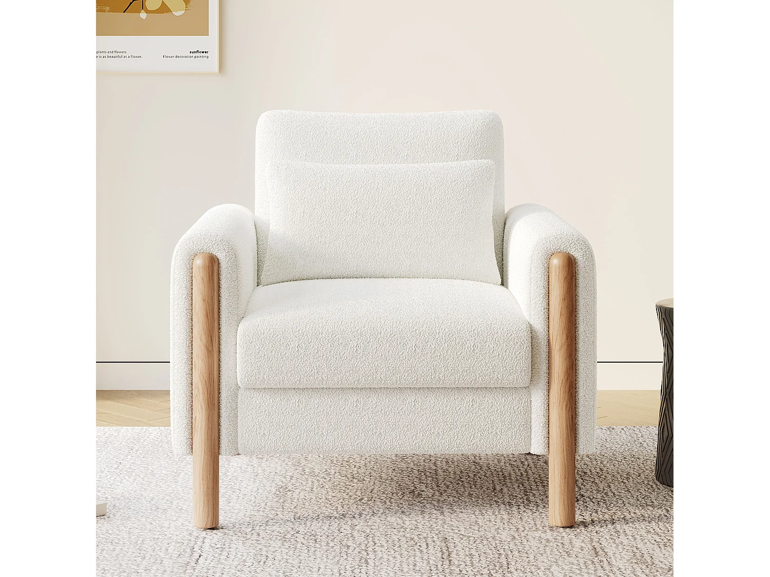 Fauteuil avec soutien lombaire, structure en bois, tissu Teddy, blanc