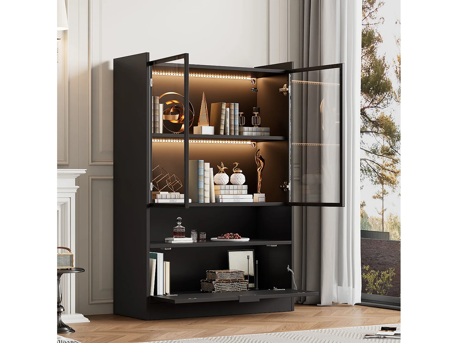 Vitrine avec LEDs à 16 couleurs et 3 portes - Noire mate