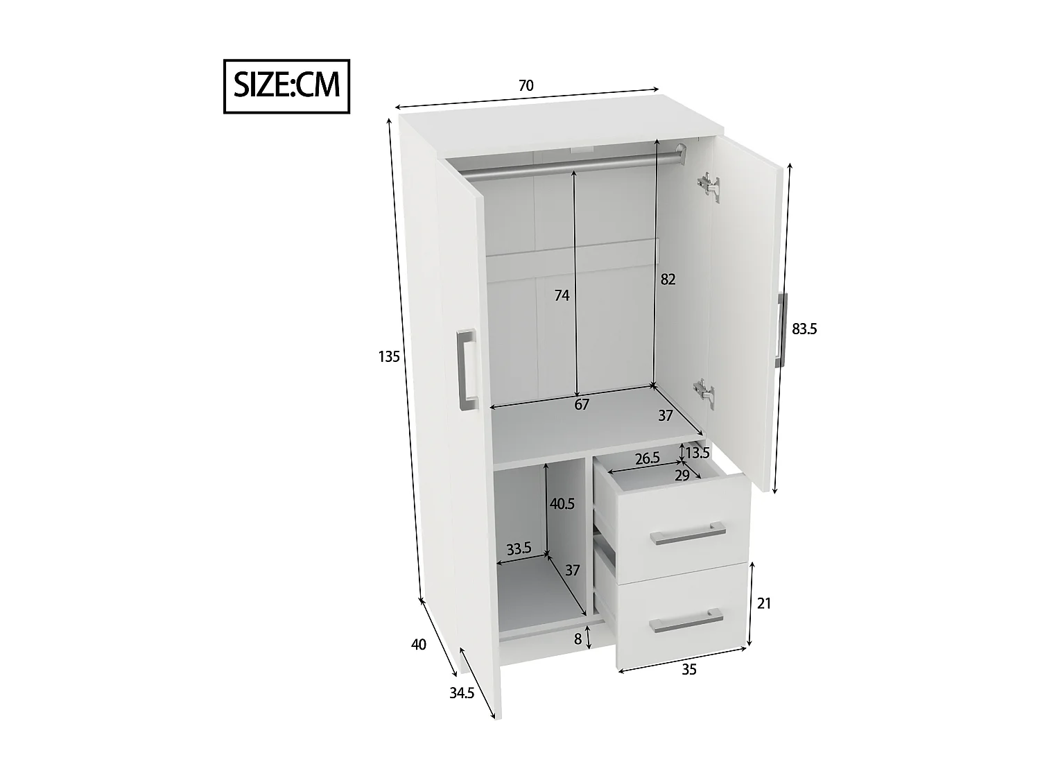 Armoire enfant avec 2 tiroirs et 2 portes - Bois blanc