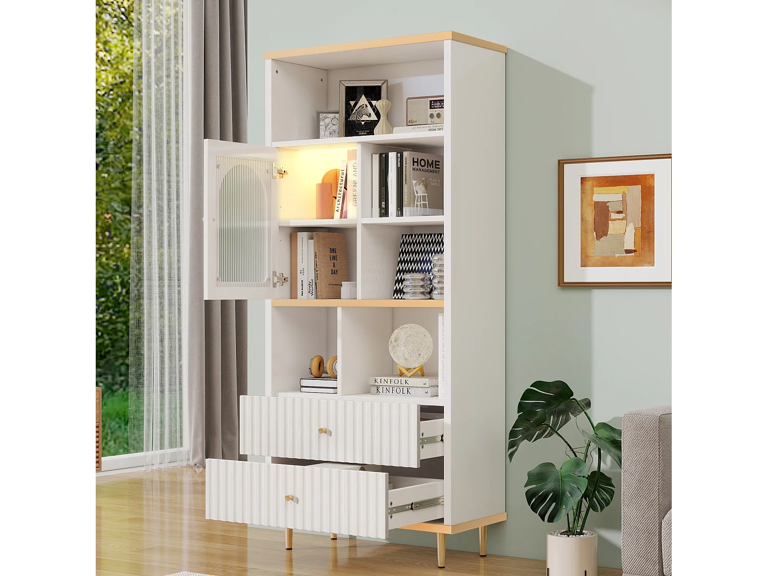 Libreria con 2 cassetti, anta e striscia LED - Bianco