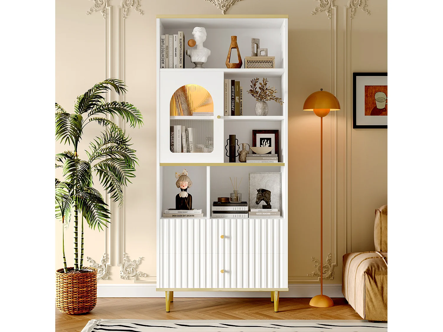 Bibliothèque avec 2 tiroirs , porte et bande LED - Blanc