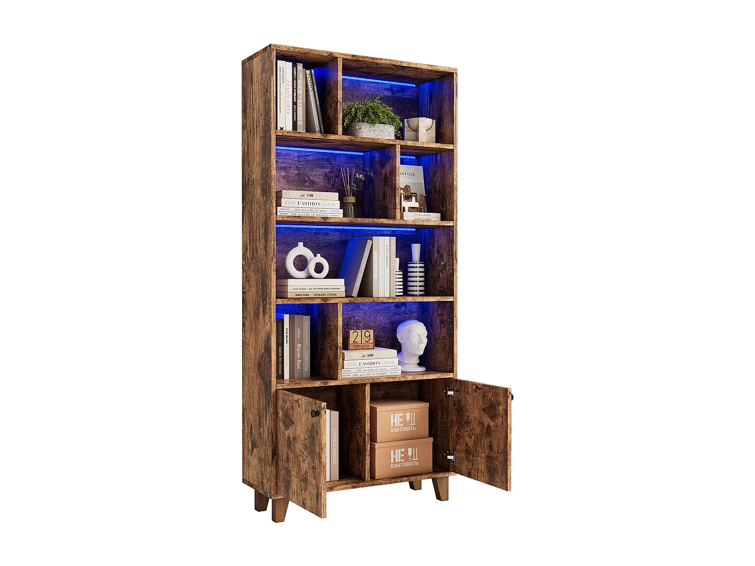 Boekenkast met 2 deuren, LED-verlichting en 4 planken - Bruin hout