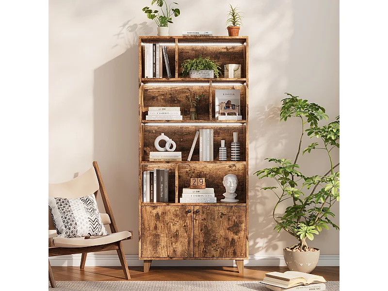 Boekenkast met 2 deuren, LED-verlichting en 4 planken - Bruin hout