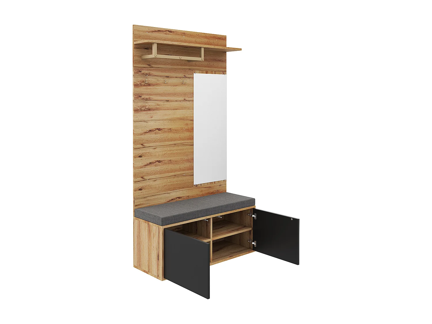 Kledingkast met spiegel, 2 deuren en kussens - PB hout - Naturel en zwart