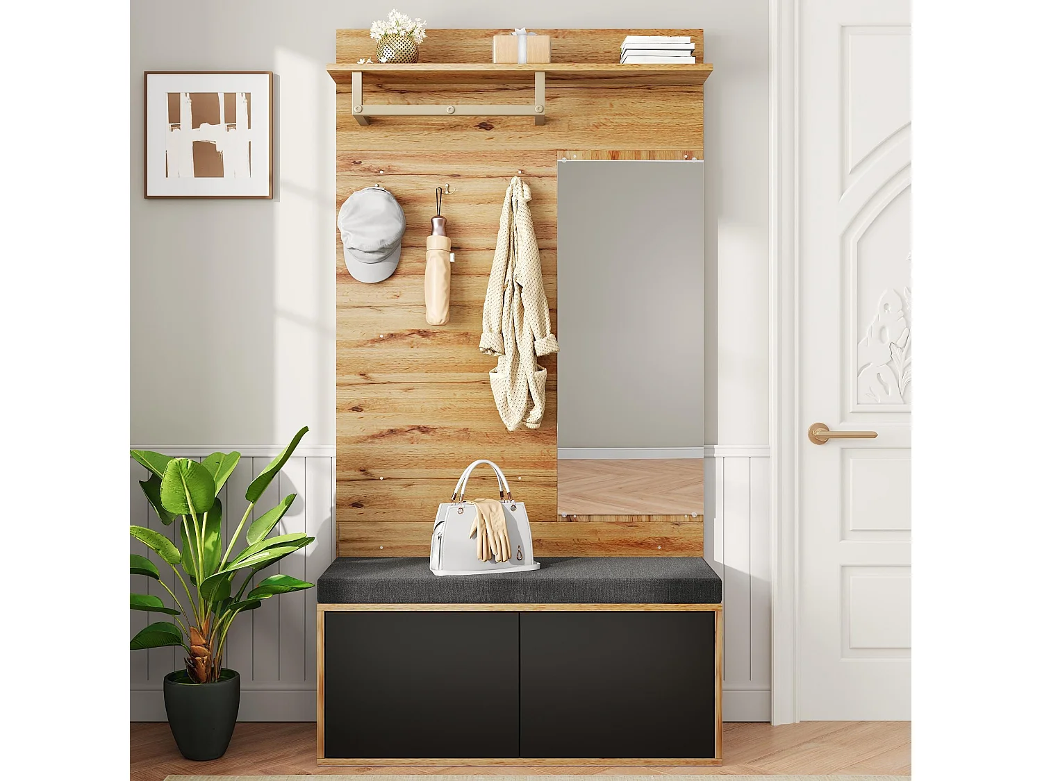 Vestiaire avec miroir, 2 portes et coussins - Bois PB -Naturel et noir