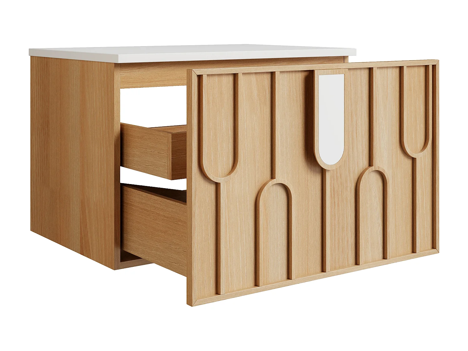 Meuble sous vasque suspendu texturé avec plan en pierre frittée - Naturel clair - L75 cm - MERKAN