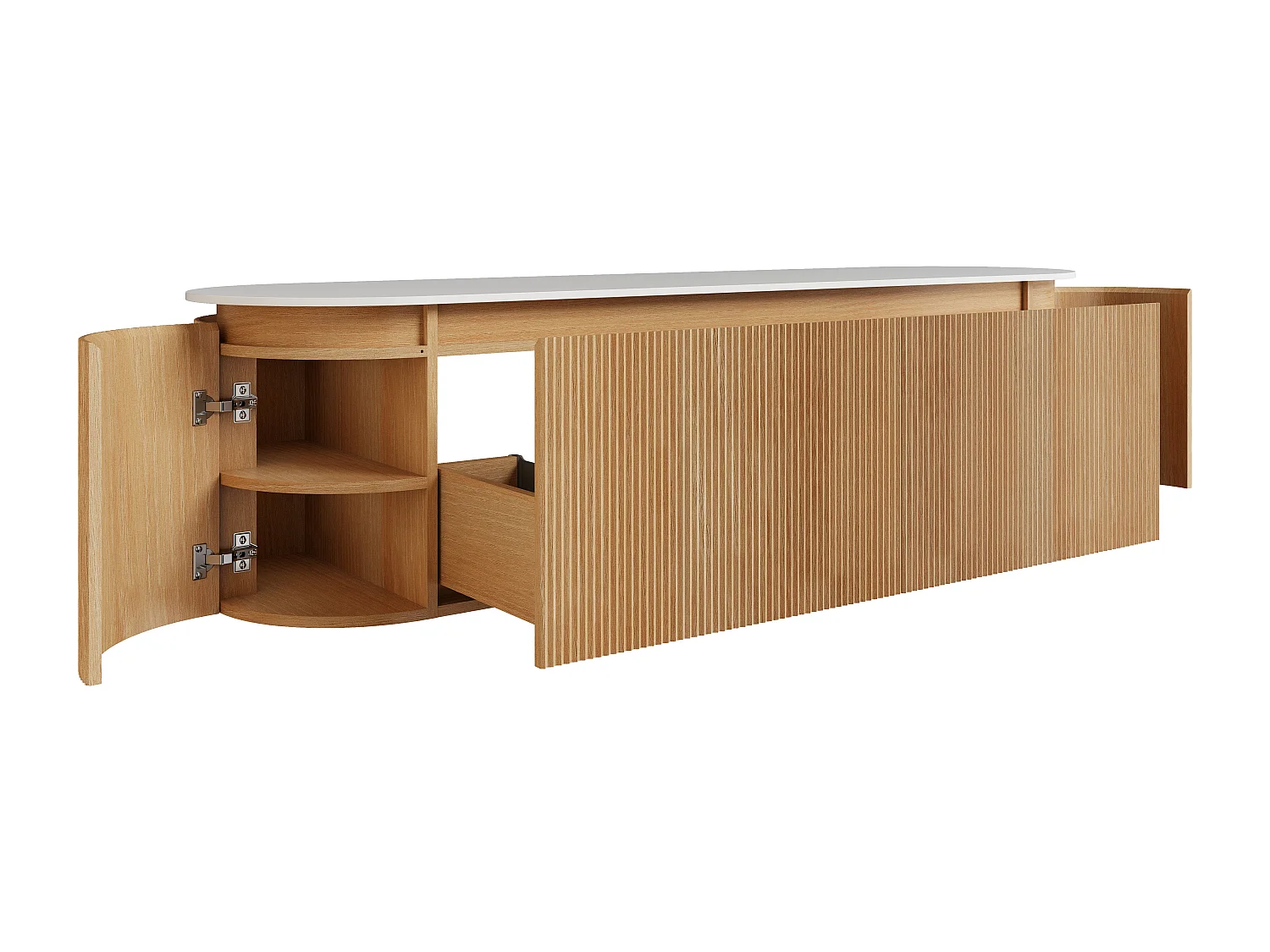 Meuble sous vasque suspendu strié en bois de frêne avec plan en pierre frittée mate – Naturel clair - L180 cm - LILIKO