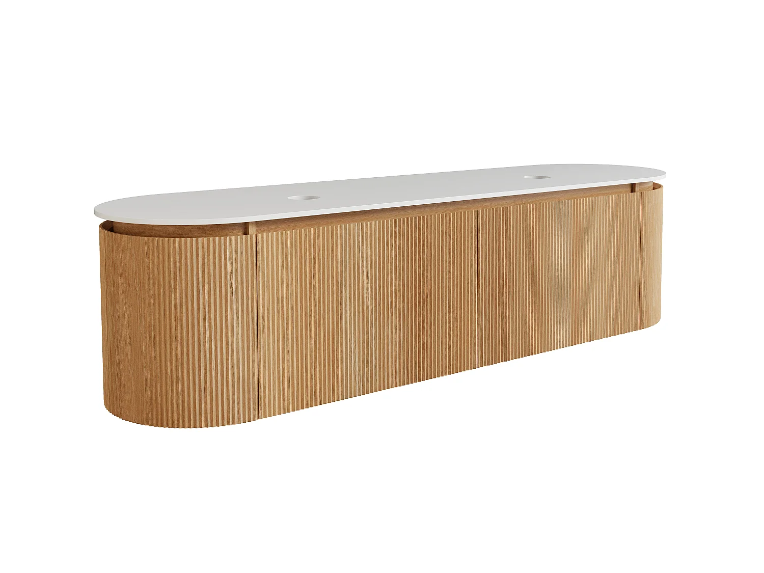 Meuble sous vasque suspendu strié en bois de frêne avec plan en pierre frittée mate – Naturel clair - L180 cm - LILIKO