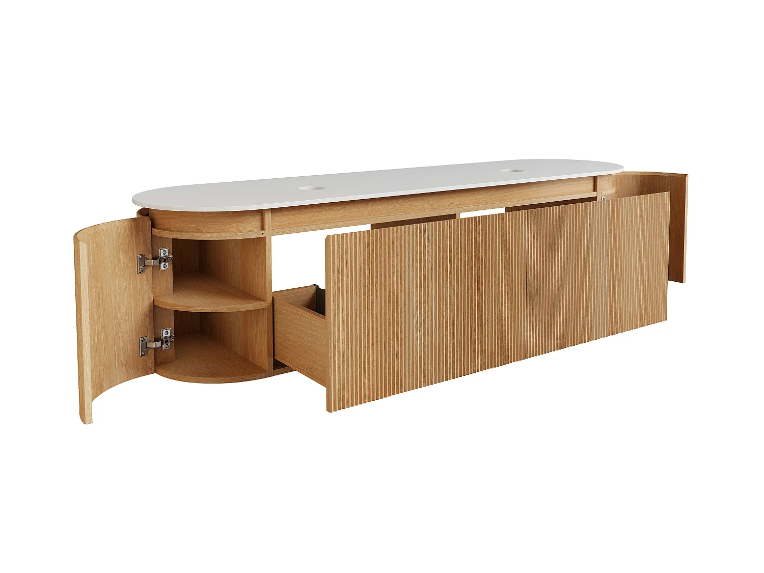 Meuble sous vasque suspendu strié en bois de frêne avec plan en pierre frittée mate – Naturel clair - L180 cm - LILIKO