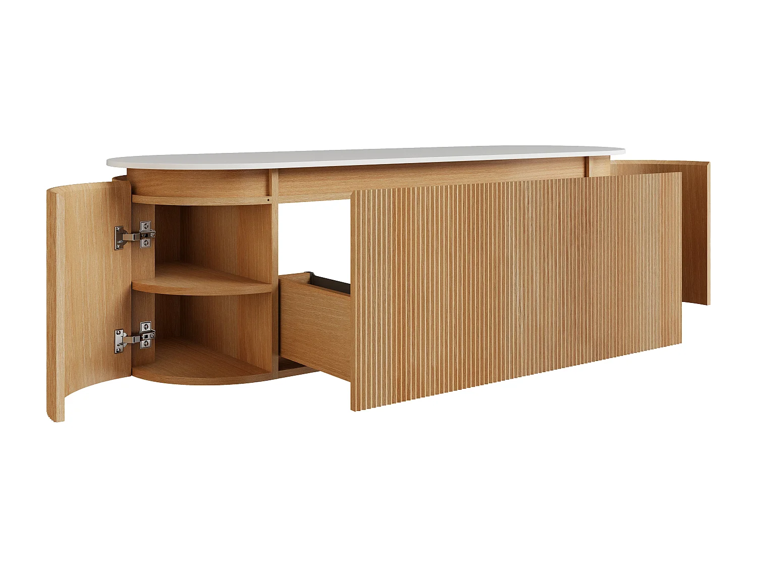 Meuble sous vasque suspendu strié en bois de frêne avec plan en pierre frittée mate – Naturel clair - L150 cm - LILIKO