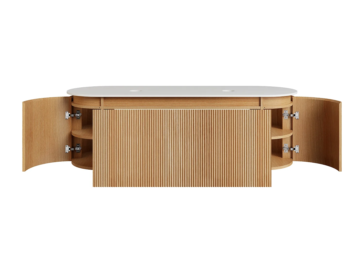 Meuble sous vasque suspendu strié en bois de frêne avec plan en pierre frittée mate – Naturel clair - L150 cm - LILIKO