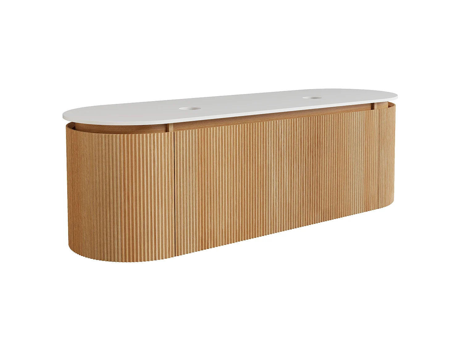 Meuble sous vasque suspendu strié en bois de frêne avec plan en pierre frittée mate – Naturel clair - L150 cm - LILIKO