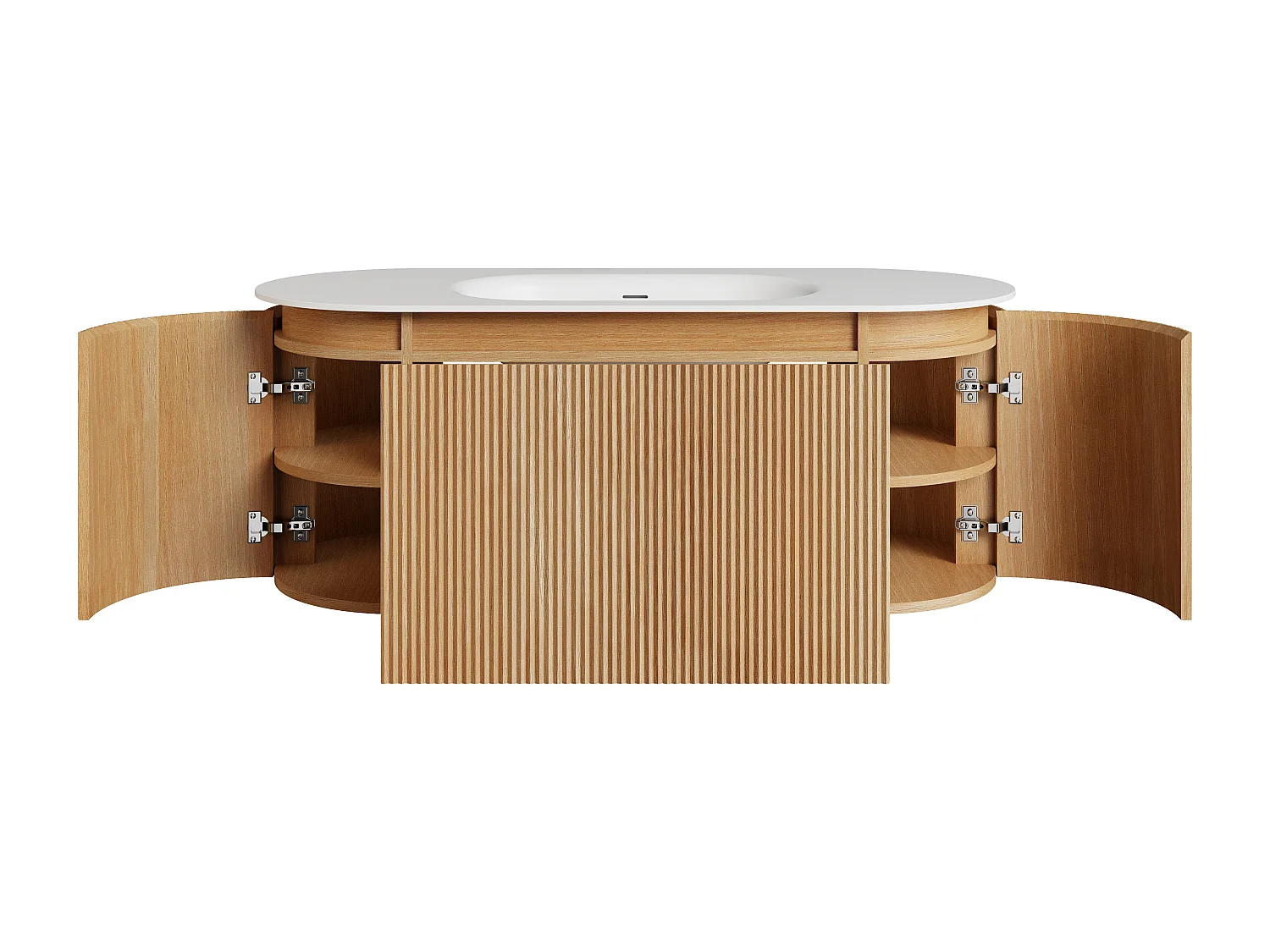 Meuble de salle de bain suspendu strié en bois de frêne avec vasque à encastrer en résine blanc mat – Naturel clair - L120 cm - LILIKO