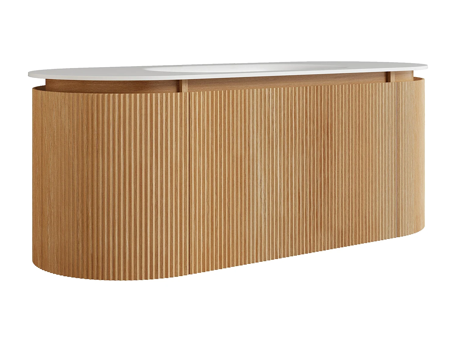 Meuble de salle de bain suspendu strié en bois de frêne avec vasque à encastrer en résine blanc mat – Naturel clair - L120 cm - LILIKO