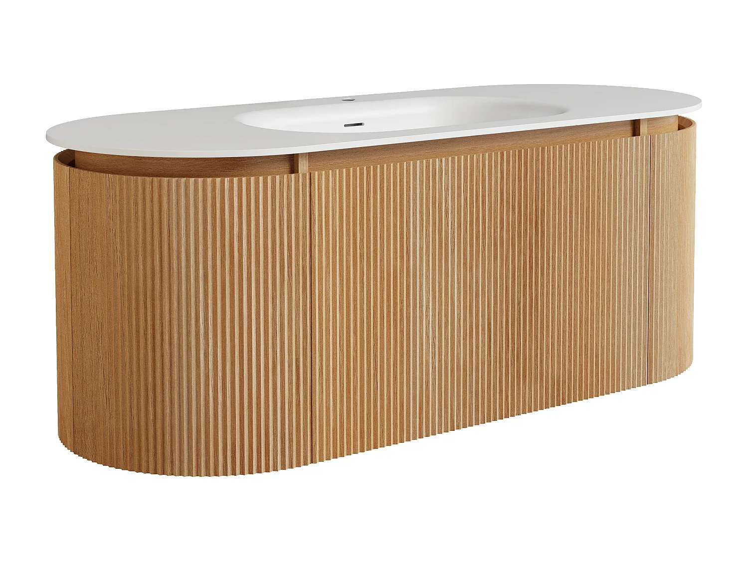 Meuble de salle de bain suspendu strié en bois de frêne avec vasque à encastrer en résine blanc mat – Naturel clair - L120 cm - LILIKO