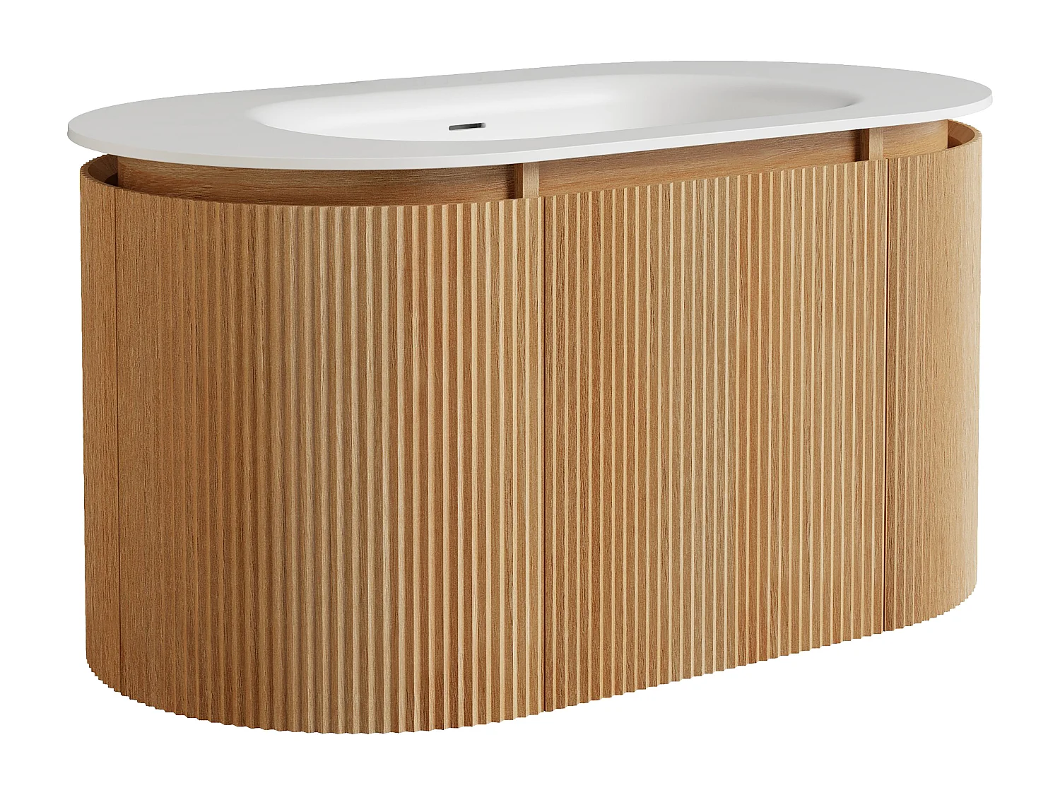 Meuble de salle de bain suspendu strié en bois de frêne avec vasque à encastrer en résine blanc mat – Naturel clair - L90 cm - LILIKO