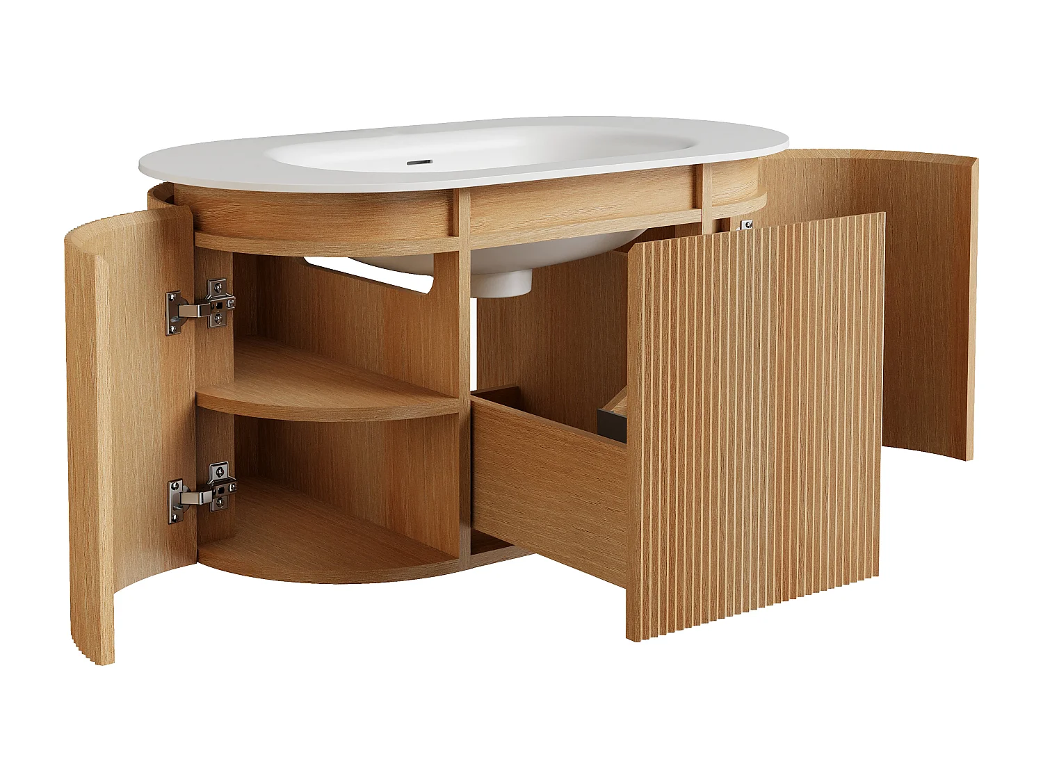 Meuble de salle de bain suspendu strié en bois de frêne avec vasque à encastrer en résine blanc mat – Naturel clair - L90 cm - LILIKO