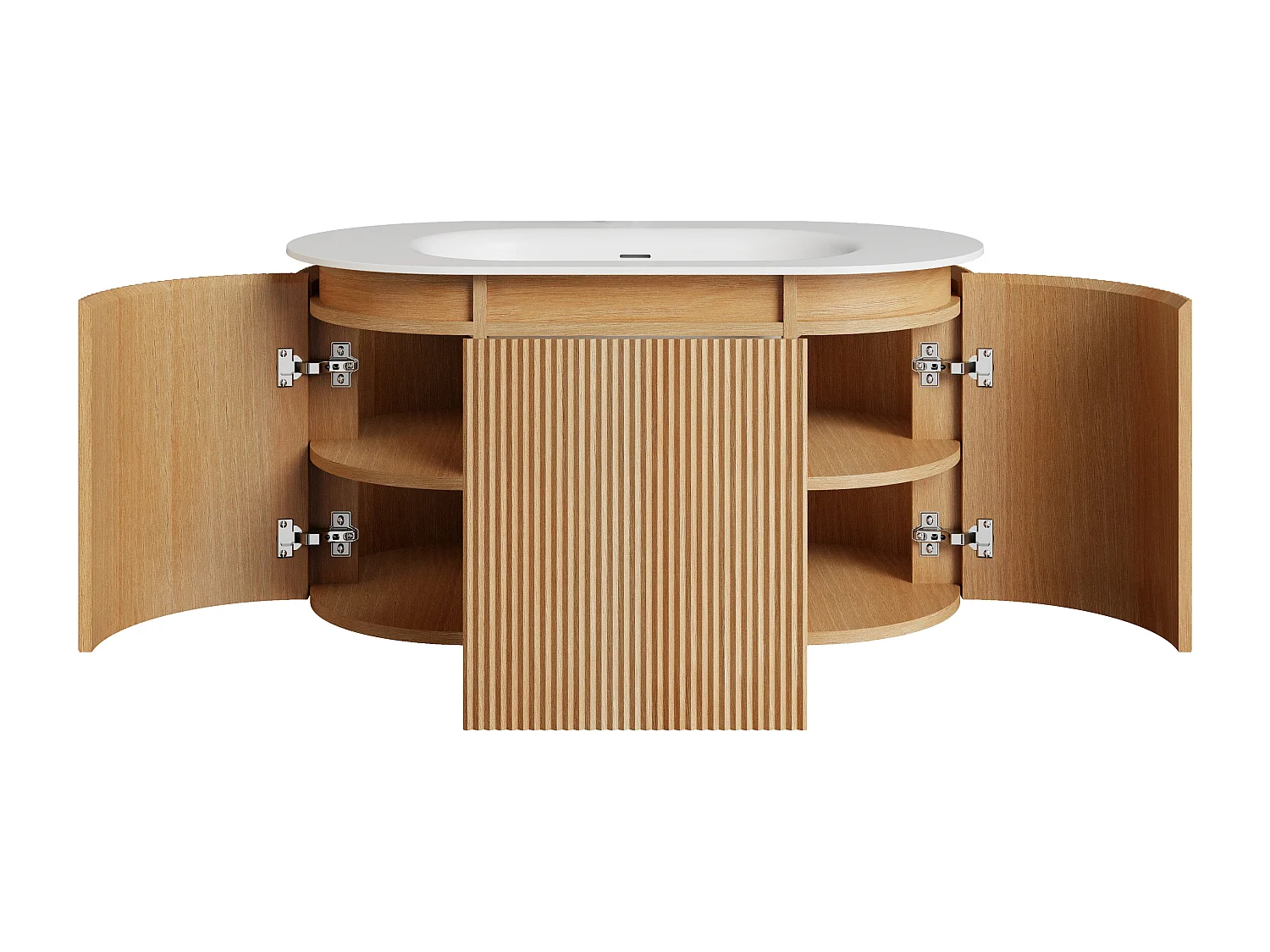 Meuble de salle de bain suspendu strié en bois de frêne avec vasque à encastrer en résine blanc mat – Naturel clair - L90 cm - LILIKO