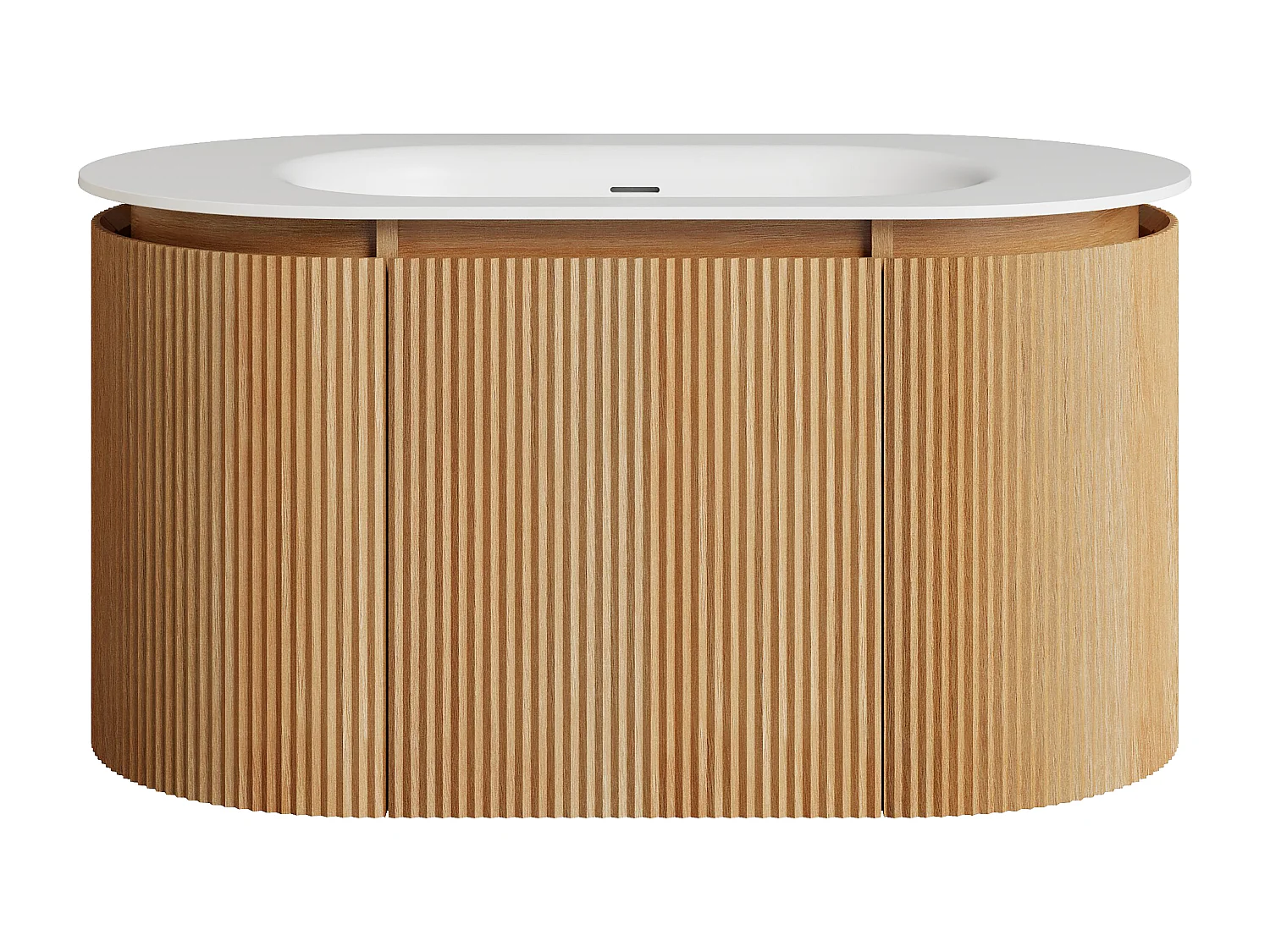 Meuble de salle de bain suspendu strié en bois de frêne avec vasque à encastrer en résine blanc mat – Naturel clair - L90 cm - LILIKO