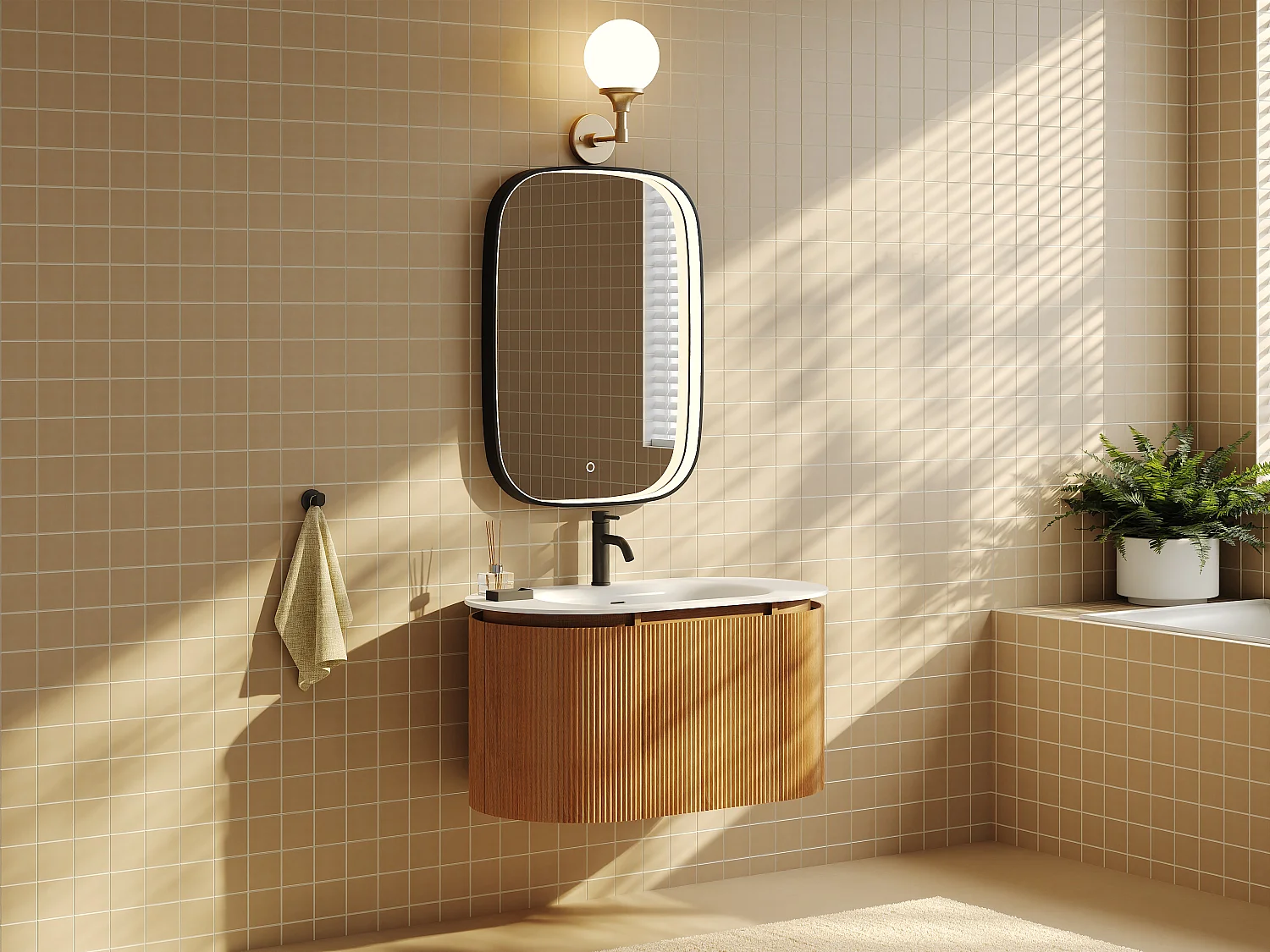 Meuble de salle de bain suspendu strié en bois de frêne avec vasque à encastrer en résine blanc mat – Naturel clair - L90 cm - LILIKO