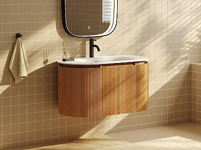Fluted wall-hung ash wood bathroom unit with matt white resin inset basin - light natural - L90 cm - LILIKO