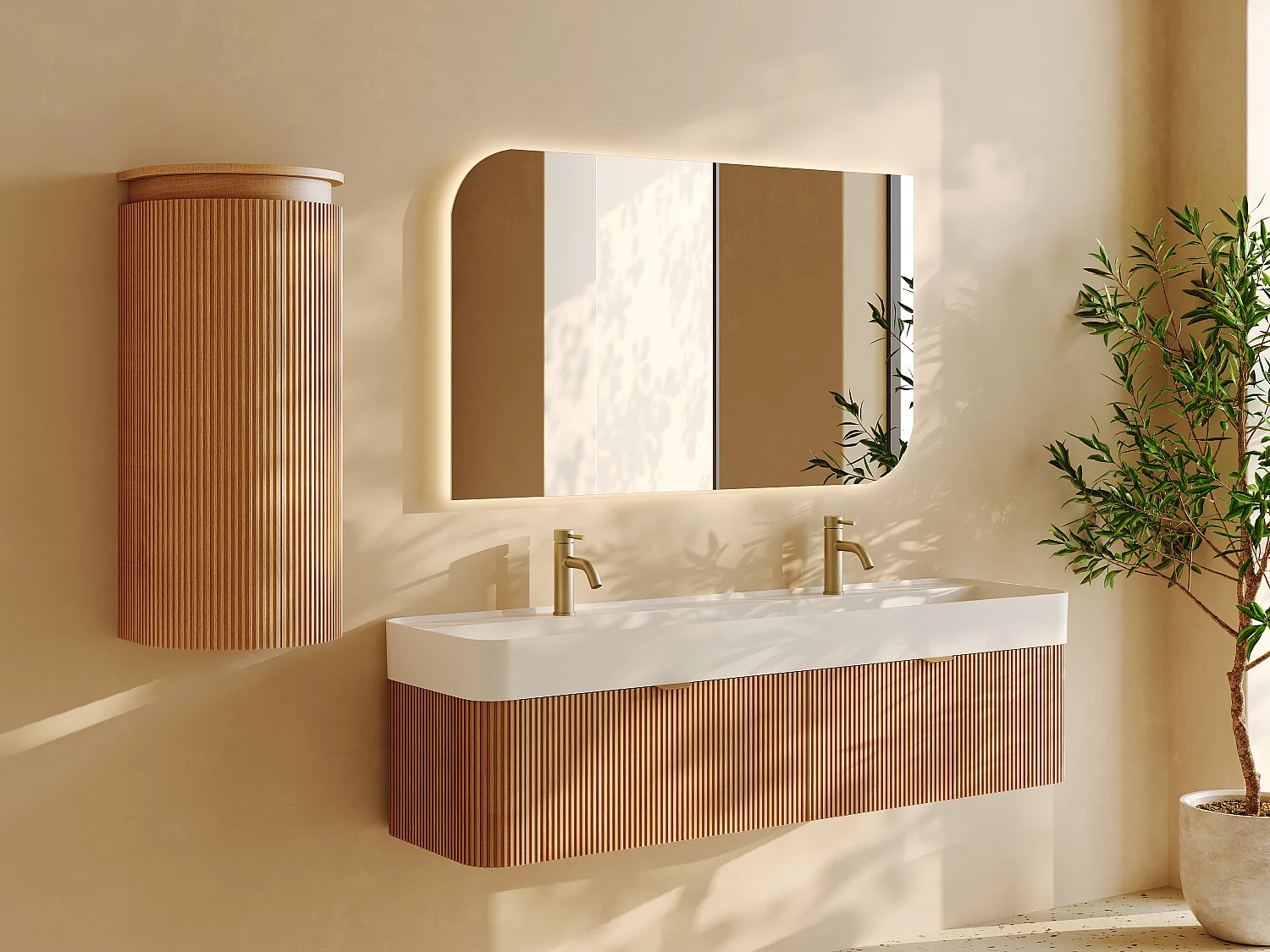 Colonne de salle de bain arrondie suspendue en bois massif - Naturel clair - H84 cm - BULMAS