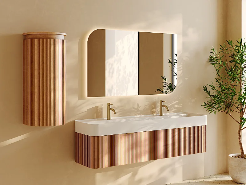 Colonne de salle de bain arrondie suspendue en bois massif - Naturel clair - H84 cm - BULMAS